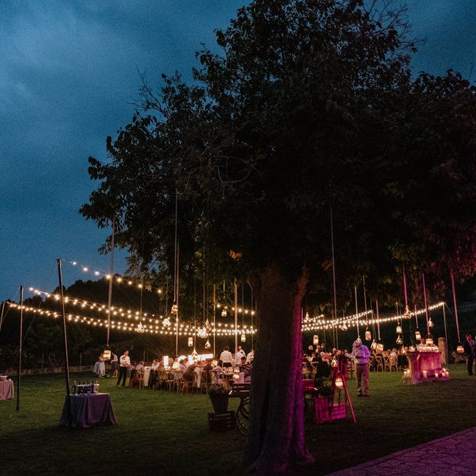 Outdoor Wedding Reception with Festoon Lights