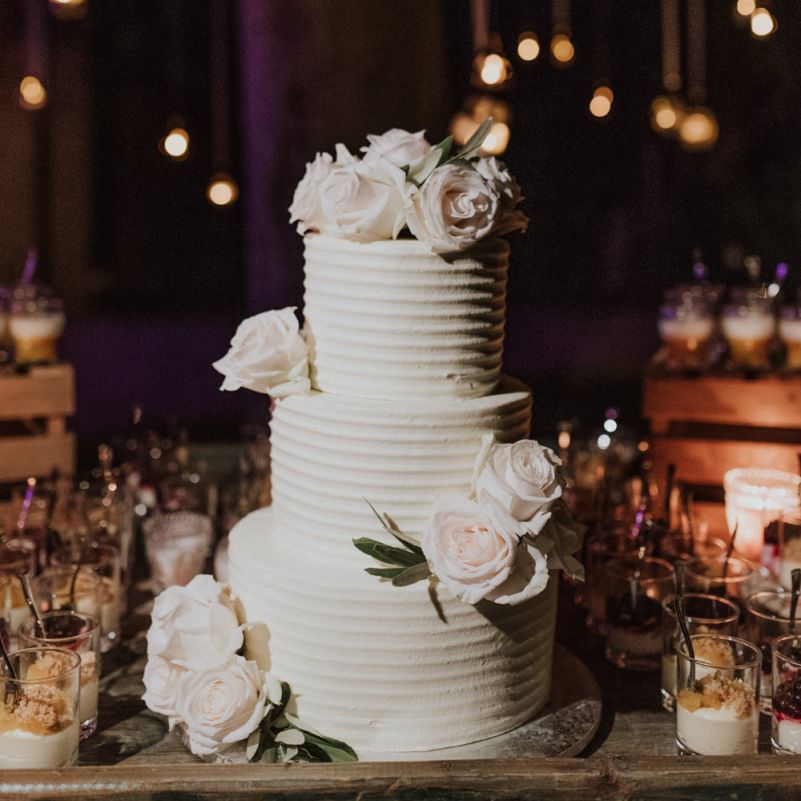 Three Tier White Wedding Cake with Frosting