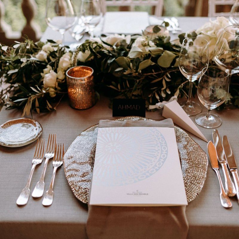 Wedding table decor with foliage table runner