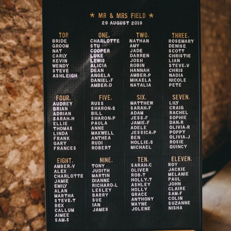 Peg board seating chart at Farbridge wedding venue