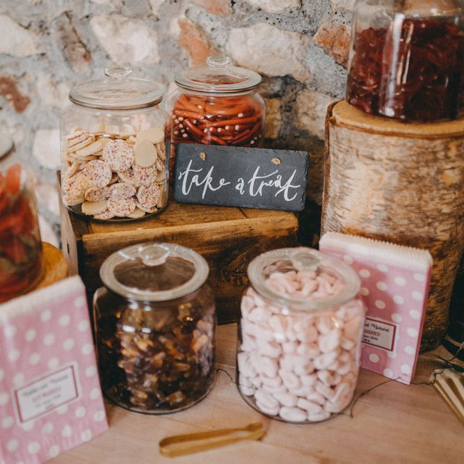 Retro sweetie table at Farbridge wedding venue