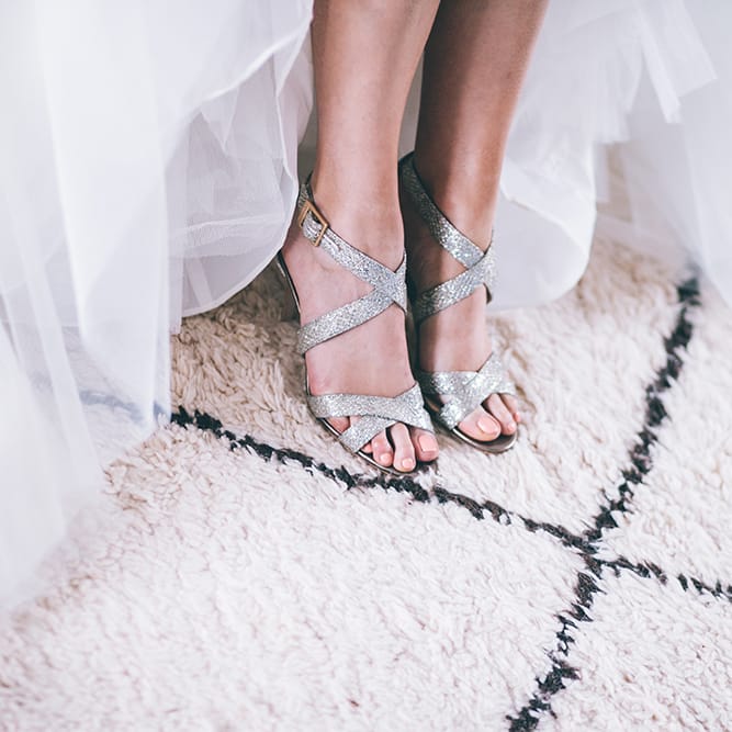Wedding Morning Preparations | Beaded Halterneck Bridal Gown with Tulle Skirt and Spaghetti Straps by Maggie Sottero | Sparkly Silver Jimmy Choo Shoes | Halterneck Maggie Sottero Dress and Garden Games at Gate Street Barn | Story + Colour Photography