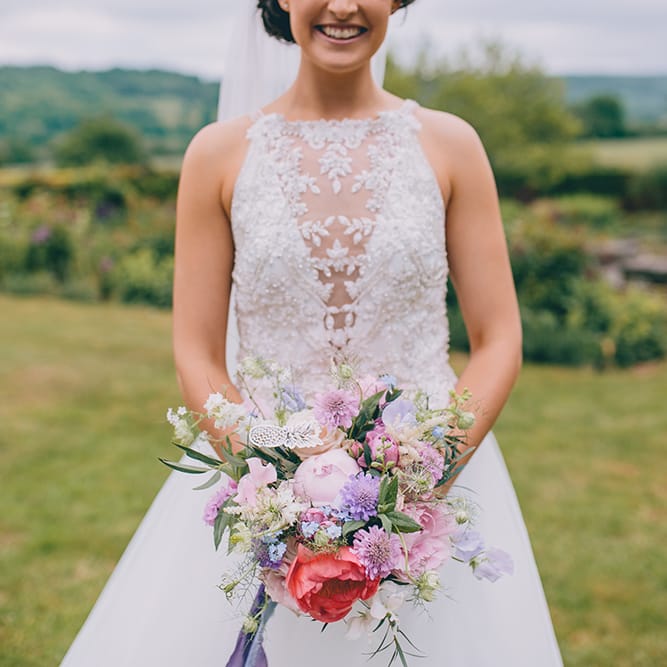 Bride in Beaded Halterneck Gown with Tulle Skirt and Spaghetti Straps by Maggie Sottero | Pastel Wedding Bouquet with Peonies | Halterneck Maggie Sottero Dress and Garden Games at Gate Street Barn | Story + Colour Photography