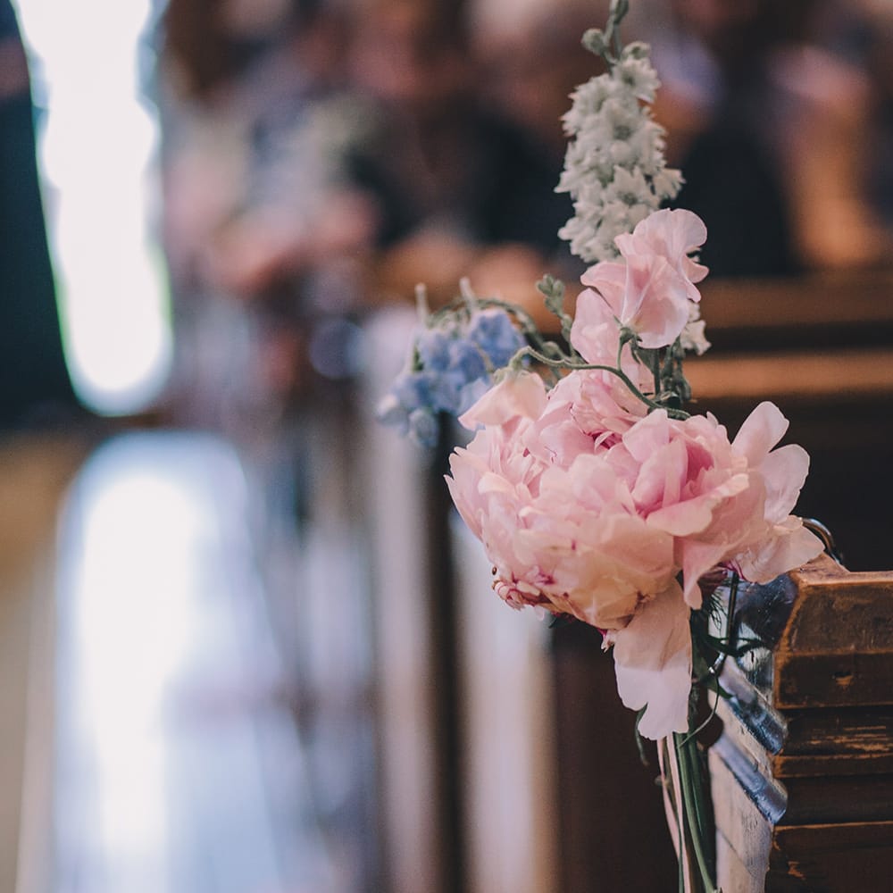 Wedding Ceremony | Pastel Pew Ends | Halterneck Maggie Sottero Dress and Garden Games at Gate Street Barn | Story + Colour Photography