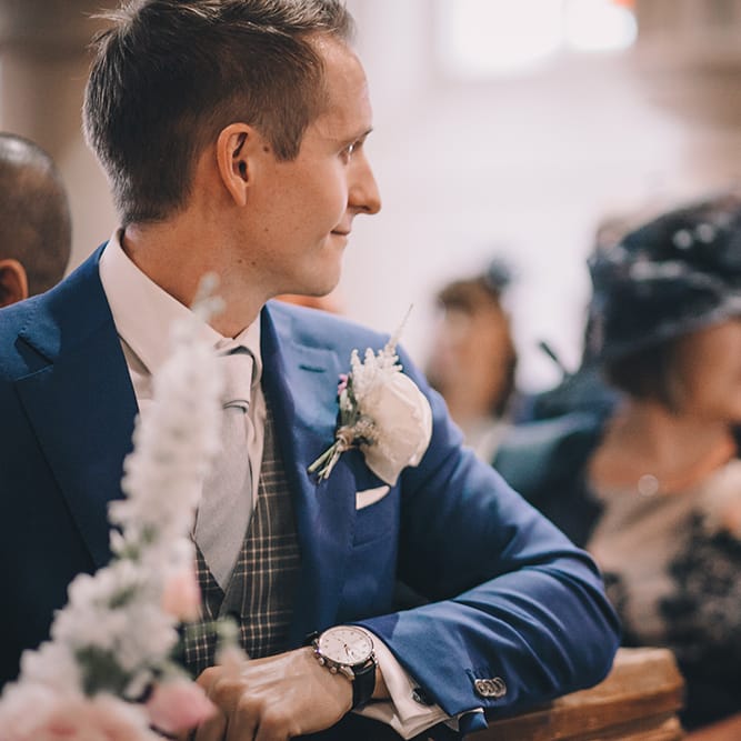 Wedding Ceremony | Groom in Royal Blue Suit with Pastel Blue Tie from Suit Supply | Halterneck Maggie Sottero Dress and Garden Games at Gate Street Barn | Story + Colour Photography