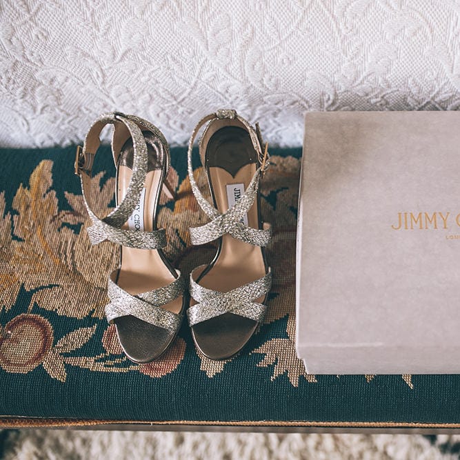 Sparkly Silver Jimmy Choo Shoes | Halterneck Maggie Sottero Dress and Garden Games at Gate Street Barn | Story + Colour Photography