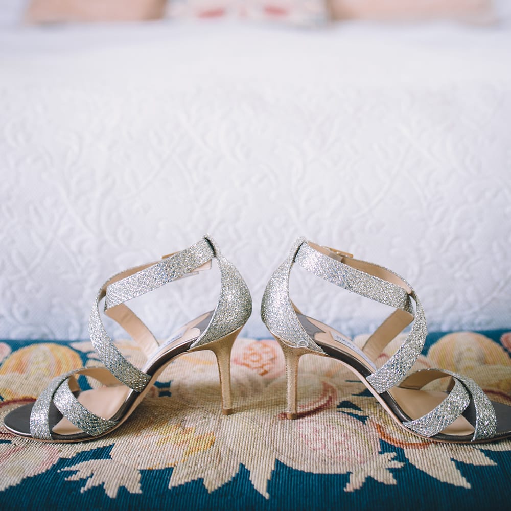 Sparkly Silver Jimmy Choo Shoes | Halterneck Maggie Sottero Dress and Garden Games at Gate Street Barn | Story + Colour Photography