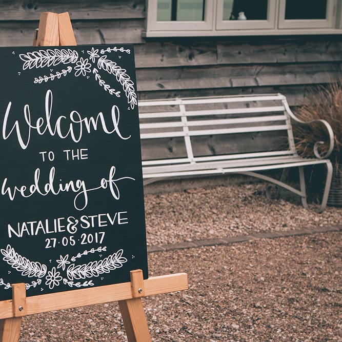 Wedding Reception Decor | Welcome Sign | Halterneck Maggie Sottero Dress and Garden Games at Gate Street Barn | Story + Colour Photography