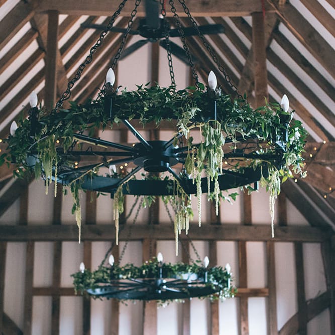 Wedding Reception Decor | Foliage Installation in Barn | Halterneck Maggie Sottero Dress and Garden Games at Gate Street Barn | Story + Colour Photography