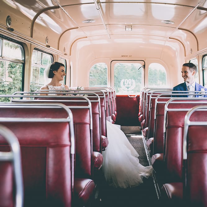 Retro Wedding Bus | Bride in Beaded Halterneck Gown with Tulle Skirt and Spaghetti Straps by Maggie Sottero | Groom in Royal Blue Suit from Suit Supply and Tan Brogues from Barker | Halterneck Maggie Sottero Dress and Garden Games at Gate Street Barn | Story + Colour Photography