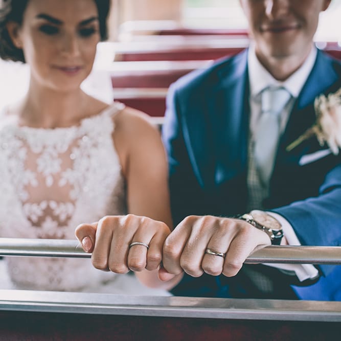 Retro Wedding Bus | Wedding Rings | Bride in Beaded Halterneck Gown with Tulle Skirt and Spaghetti Straps by Maggie Sottero | Groom in Royal Blue Suit from Suit Supply and Tan Brogues from Barker | Halterneck Maggie Sottero Dress and Garden Games at Gate Street Barn | Story + Colour Photography