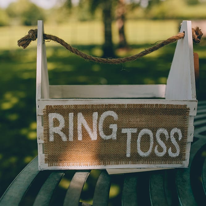 Wedding Reception | Lawn Games | Ring Toss | Halterneck Maggie Sottero Dress and Garden Games at Gate Street Barn | Story + Colour Photography