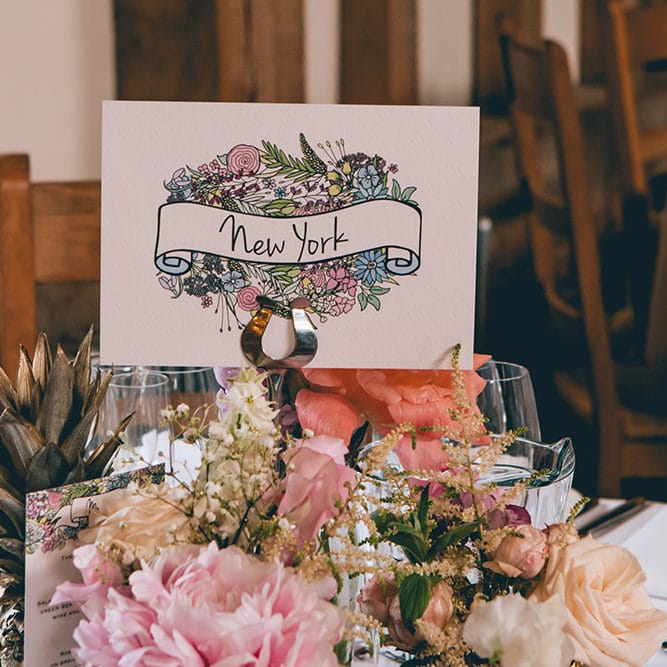 Wedding Reception Decor | Table Name | Pastel Flowers | Gold Pineapples | Halterneck Maggie Sottero Dress and Garden Games at Gate Street Barn | Story + Colour Photography
