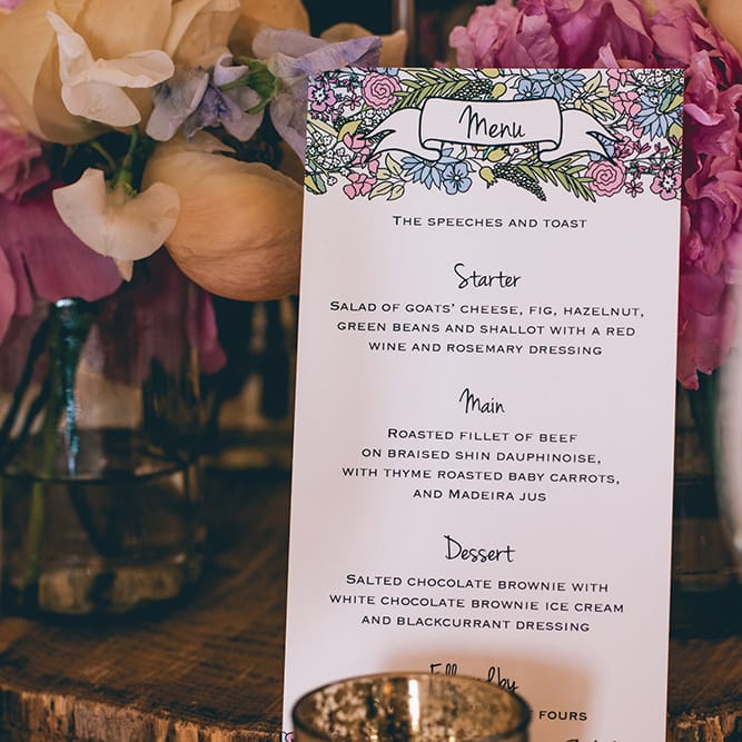 Wedding Reception Decor | Wedding Breakfast Menu | Pastel Flowers | Pink Peonies | Halterneck Maggie Sottero Dress and Garden Games at Gate Street Barn | Story + Colour Photography