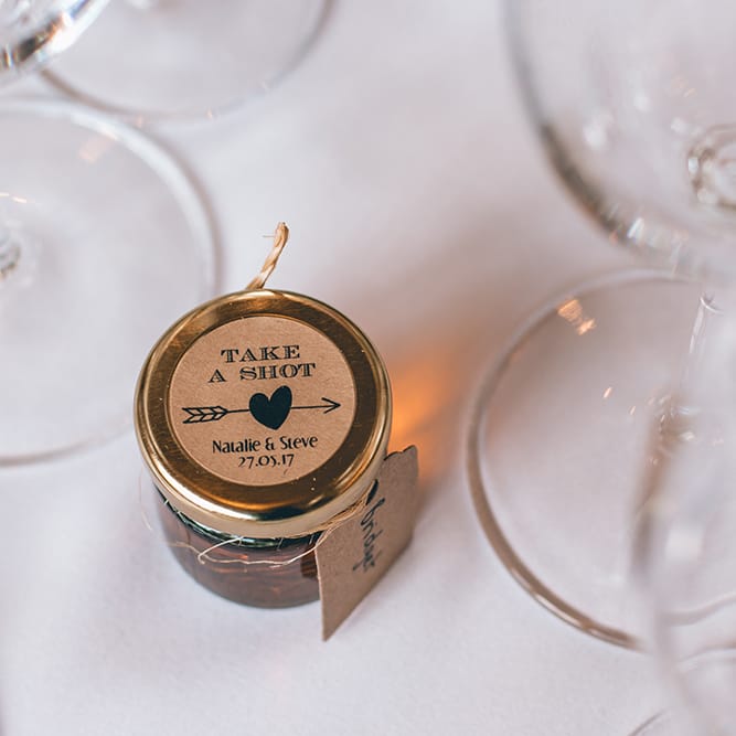 Wedding Reception Decor | Shot Favours | Halterneck Maggie Sottero Dress and Garden Games at Gate Street Barn | Story + Colour Photography