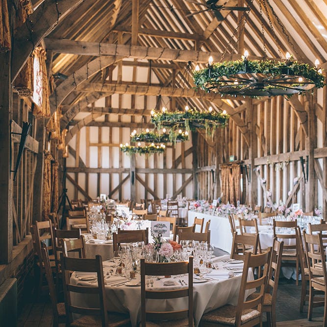 Wedding Reception Decor | Gate Street Barn Set Up for Wedding Breakfast | Foliage Light Installation | Halterneck Maggie Sottero Dress and Garden Games at Gate Street Barn | Story + Colour Photography