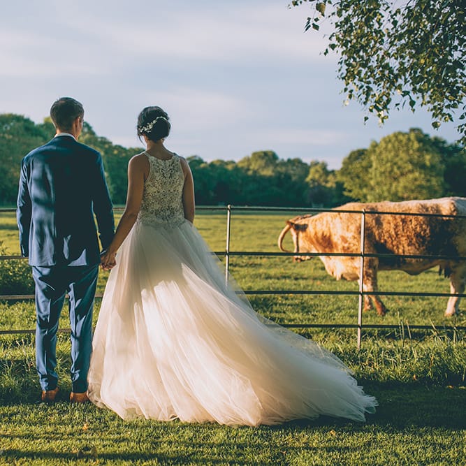 Bride in Beaded Halterneck Gown with Tulle Skirt and Spaghetti Straps by Maggie Sottero | Groom in Royal Blue Suit and Pastel Blue Tie from Suit Supply | Hair Vine from Etsy | Halterneck Maggie Sottero Dress and Garden Games at Gate Street Barn | Story + Colour Photography