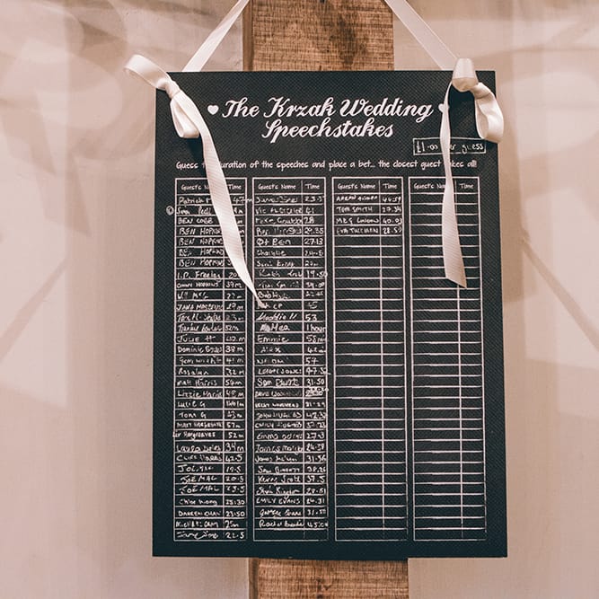 Wedding Reception Decor | Speech Sweepstake Board | Halterneck Maggie Sottero Dress and Garden Games at Gate Street Barn | Story + Colour Photography