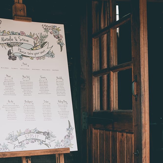 Wedding Reception Decor | Seating Plan | Halterneck Maggie Sottero Dress and Garden Games at Gate Street Barn | Story + Colour Photography