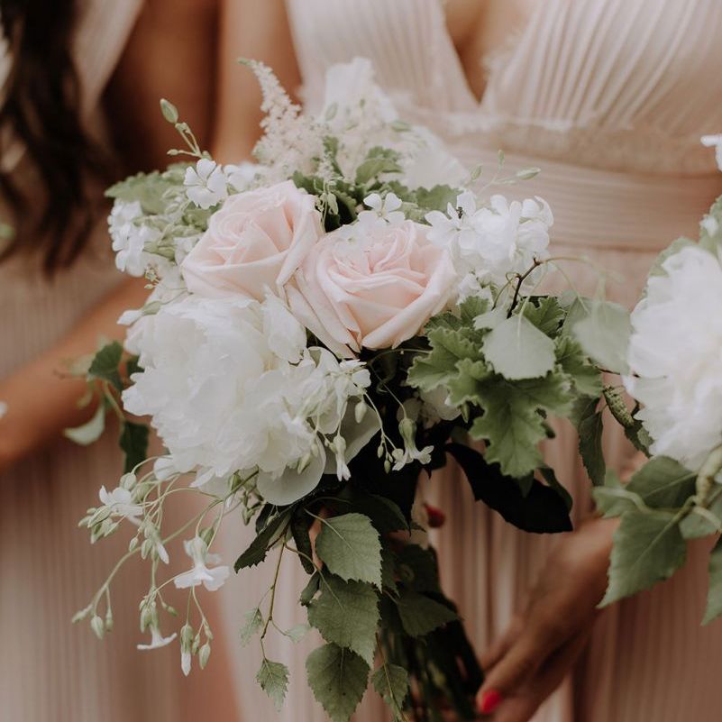 White and Blush Wedding Bouquet with Foliage
