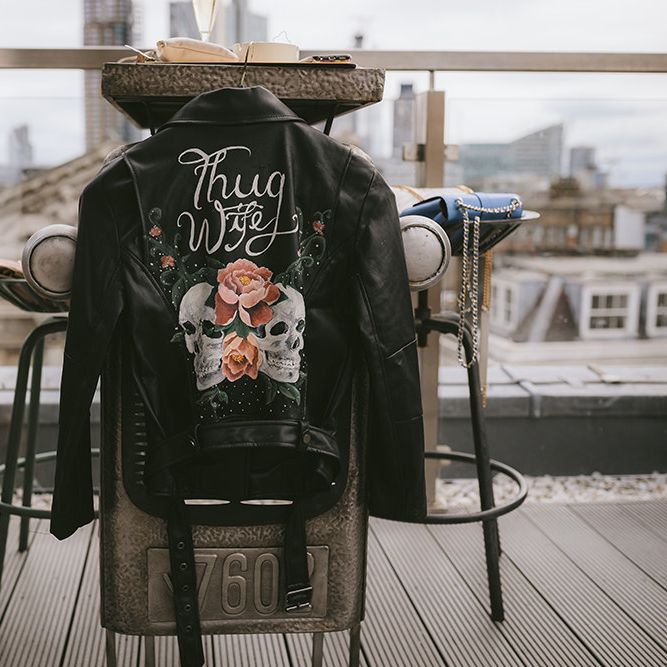 Thug Wife Leather Jacket for Bride | Bike Shed Motorcycle Club Wedding for ELLE Digital Editor | Nigel John Photography