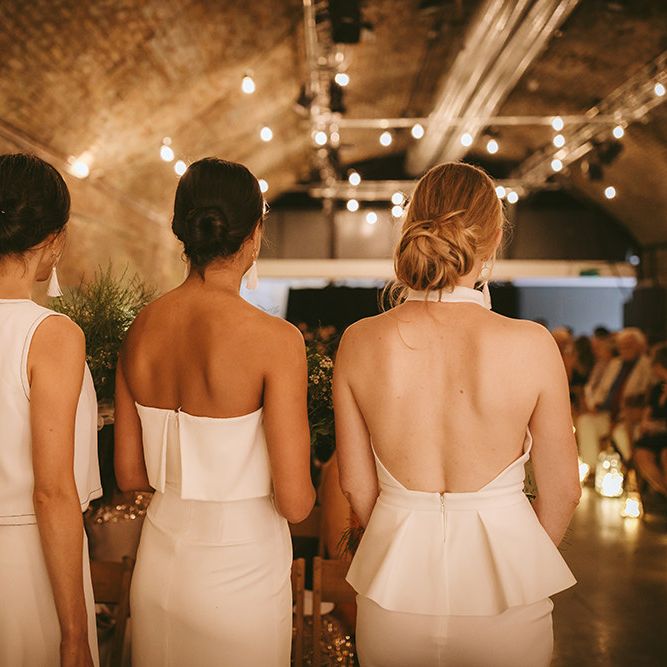 Wedding Ceremony | Bridesmaids in Mismatched White Dresses | Bike Shed Motorcycle Club Wedding for ELLE Digital Editor | Nigel John Photography