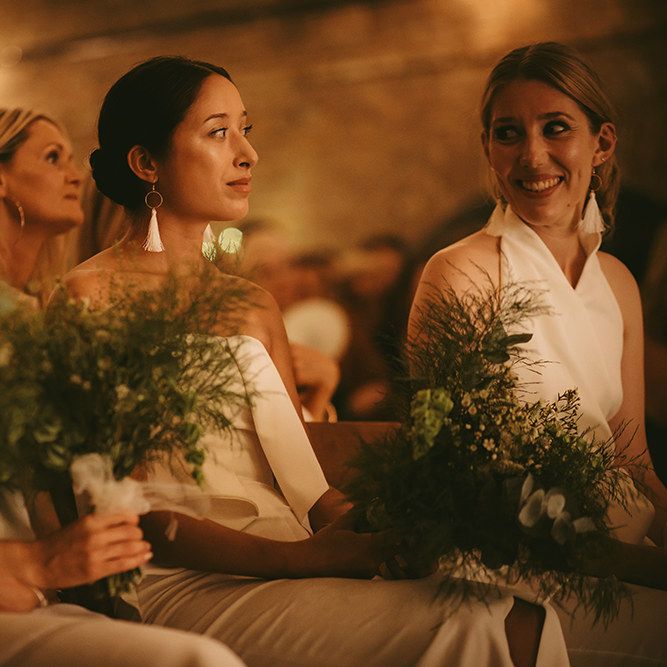 Wedding Ceremony | Bridesmaids in Mismatched White Dresses | Homemade Bouquets of White Flowers, Ferns and Foliage | Bike Shed Motorcycle Club Wedding for ELLE Digital Editor | Nigel John Photography