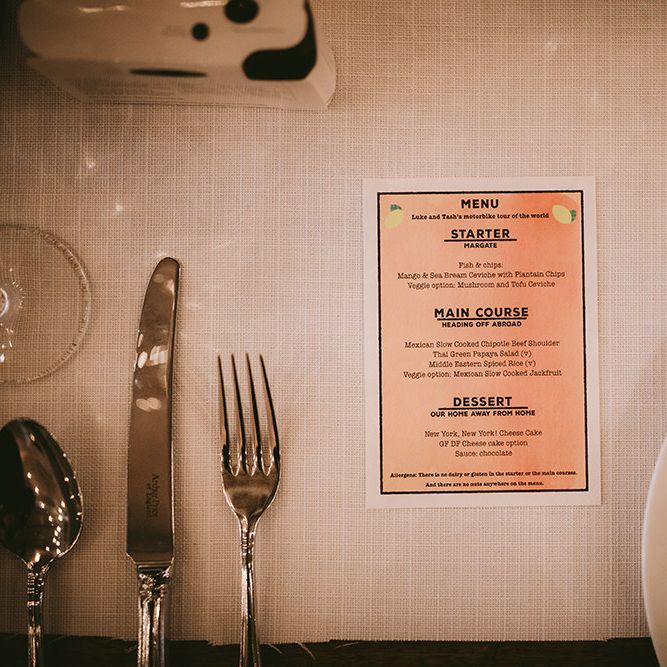 Wedding Breakfast Menu | Bike Shed Motorcycle Club Wedding for ELLE Digital Editor | Nigel John Photography
