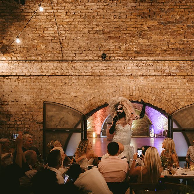 Drag Queen Entertainment | Bike Shed Motorcycle Club Wedding for ELLE Digital Editor | Nigel John Photography