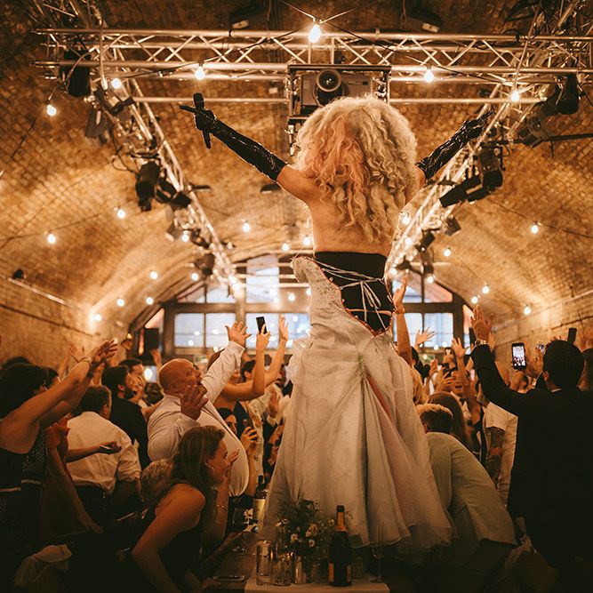 Drag Queen Entertainment | Bike Shed Motorcycle Club Wedding for ELLE Digital Editor | Nigel John Photography