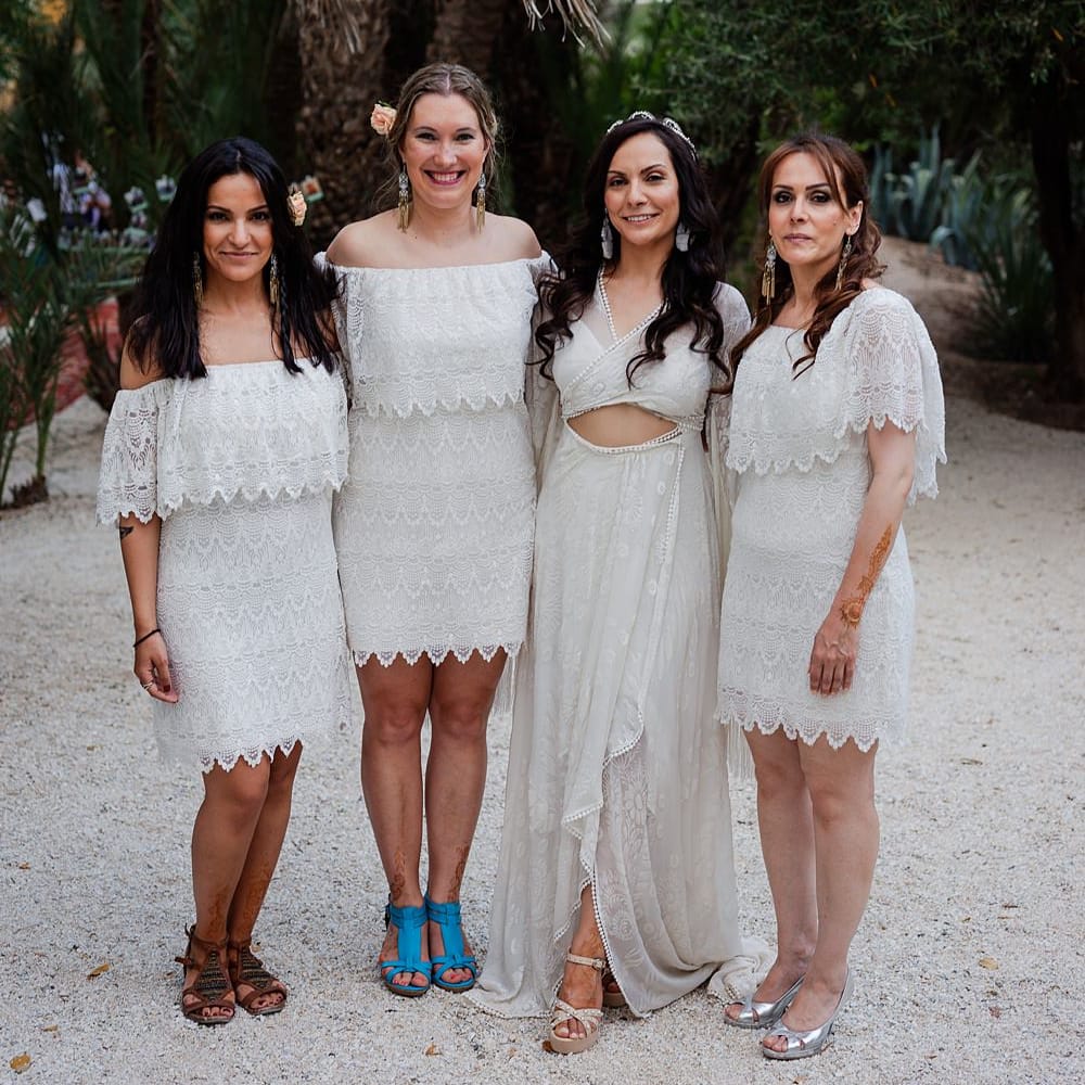 Bridesmaids in White Vero Moda Dresses | Bride in rue de Seine Bridal Gown | Paradise Destination Wedding at Jnane Tamsna in Marrakech, Morocco | Nordica Photography | Matteo Castelluccia Film