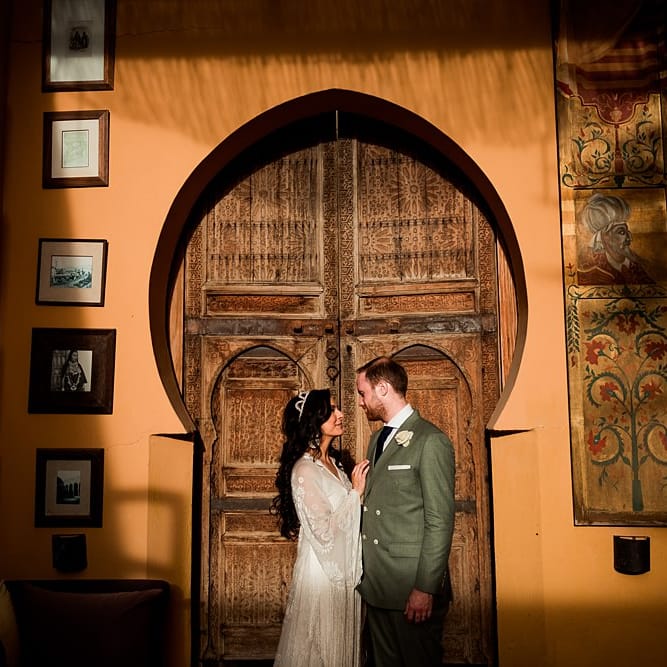 Bride in rue de Seine Bridal Gown | Groom in Green Beggars Run Suit | Paradise Destination Wedding at Jnane Tamsna in Marrakech, Morocco | Nordica Photography | Matteo Castelluccia Film