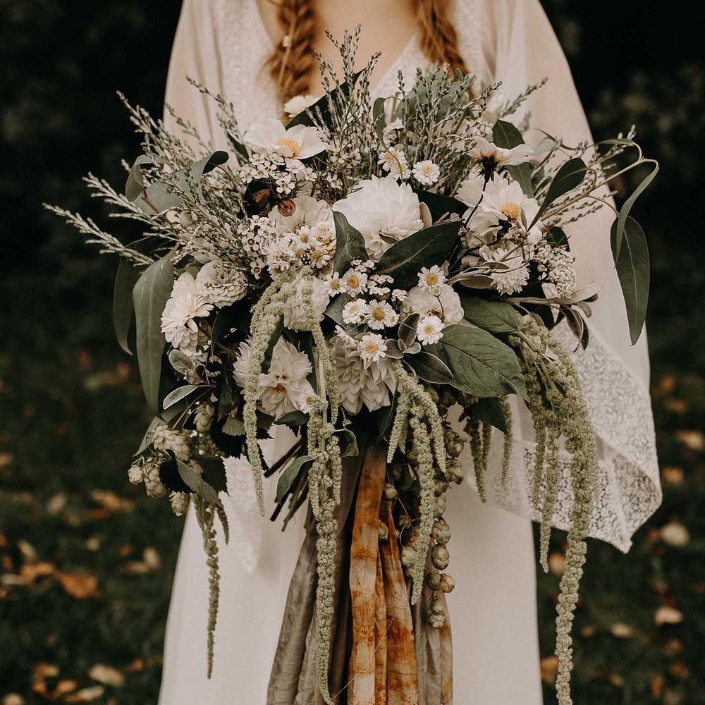 Wildflower Bridal Bouquet with Ribbon &amp; Foliage | Nude Bohemian Wedding Inspiration by Wonderland Invites &amp; Rock The Day Styling | Kelsie Low Photography