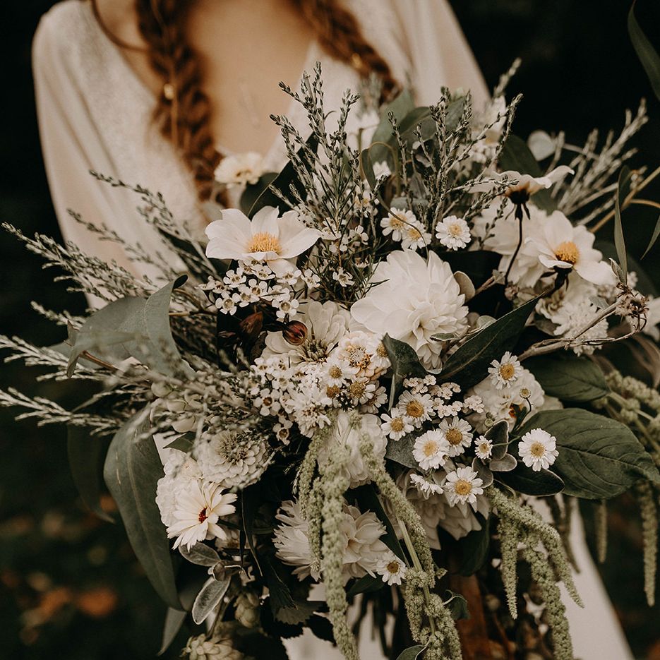 Oversized Bridal Bouquet with Ribbon &amp; Foliage | Nude Bohemian Wedding Inspiration by Wonderland Invites &amp; Rock The Day Styling | Kelsie Low Photography