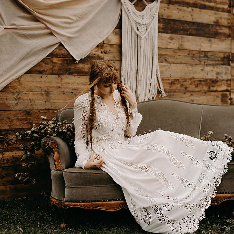 Boho Bride in Lace Rock The Frock Bridal Gown | Nude Bohemian Wedding Inspiration by Wonderland Invites &amp; Rock The Day Styling | Kelsie Low Photography