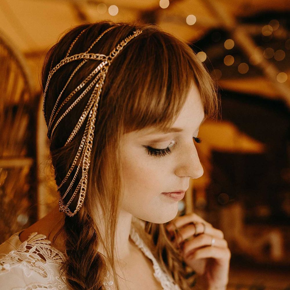 Boho Bride with Fishtail Braids &amp; Gold Hair Accessory | Lace Rock The Frock Bridal Gown | Nude Bohemian Wedding Inspiration by Wonderland Invites &amp; Rock The Day Styling | Kelsie Low Photography