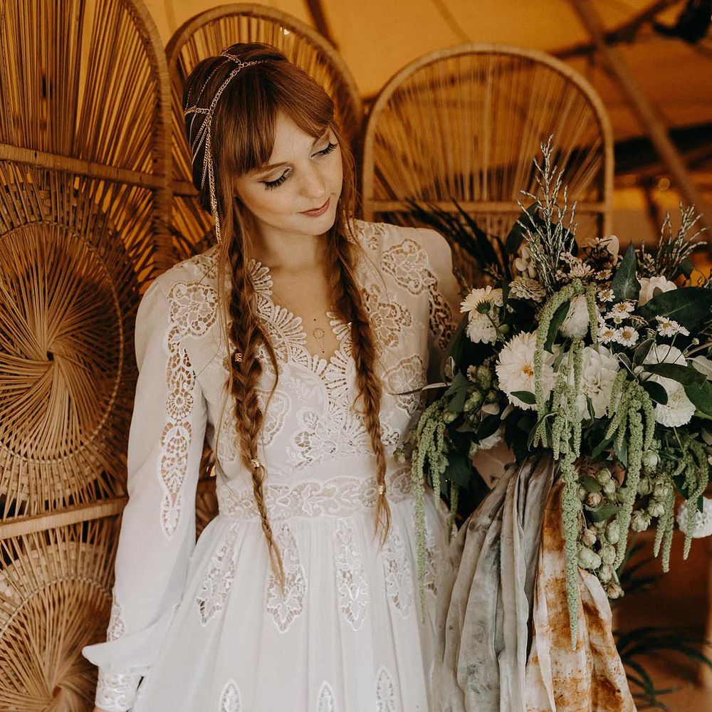 Boho Bride in Lace Rock The Frock Bridal Gown | Nude Bohemian Wedding Inspiration by Wonderland Invites &amp; Rock The Day Styling | Kelsie Low Photography