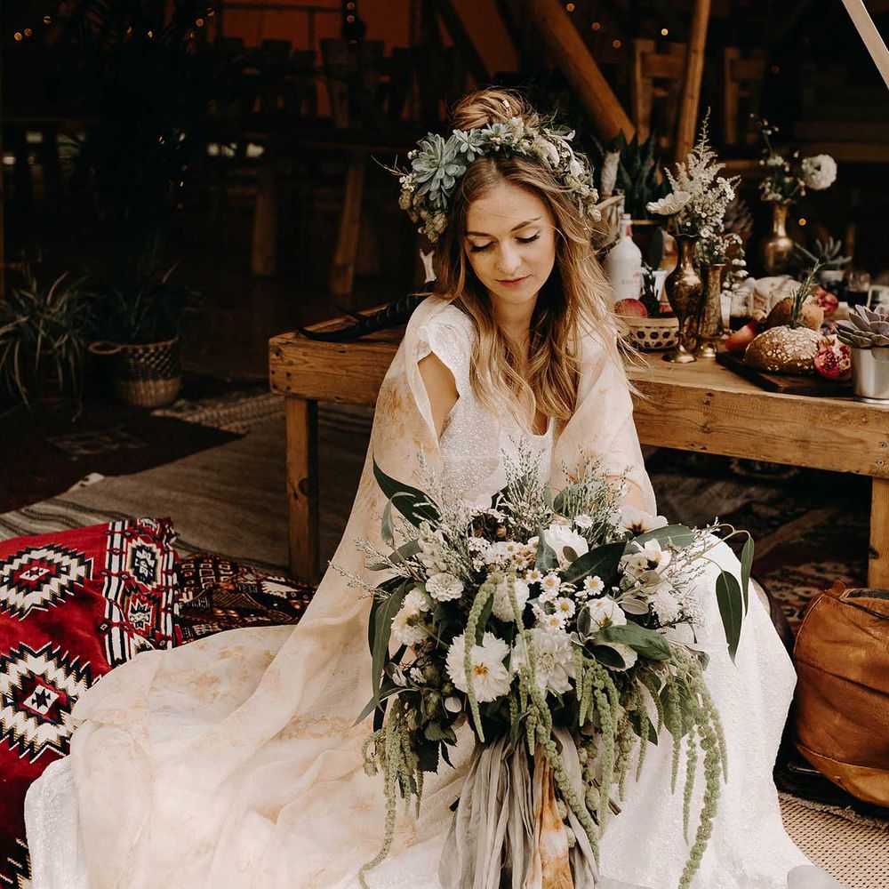 Boho Bride with Succulent Flower Crown &amp;  Lace Rock The Frock Bridal Gown | Nude Bohemian Wedding Inspiration by Wonderland Invites &amp; Rock The Day Styling | Kelsie Low Photography