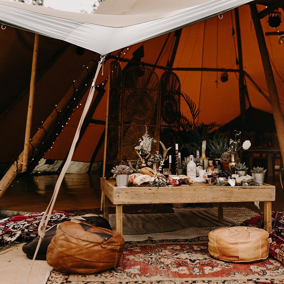 Rustic Tipi with Persian Rugs &amp; Moroccan Poufs | Nude Bohemian Wedding Inspiration by Wonderland Invites &amp; Rock The Day Styling | Kelsie Low Photography
