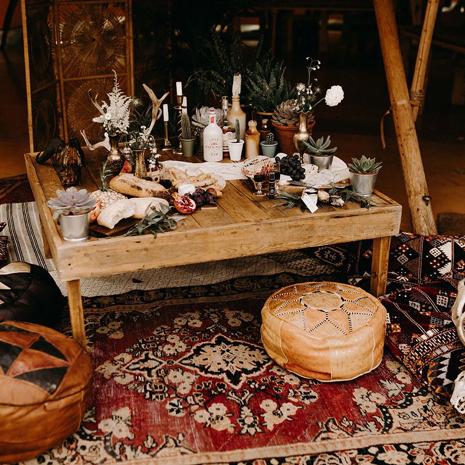 Rustic Tipi with Persian Rugs &amp; Moroccan Poufs | Nude Bohemian Wedding Inspiration by Wonderland Invites &amp; Rock The Day Styling | Kelsie Low Photography