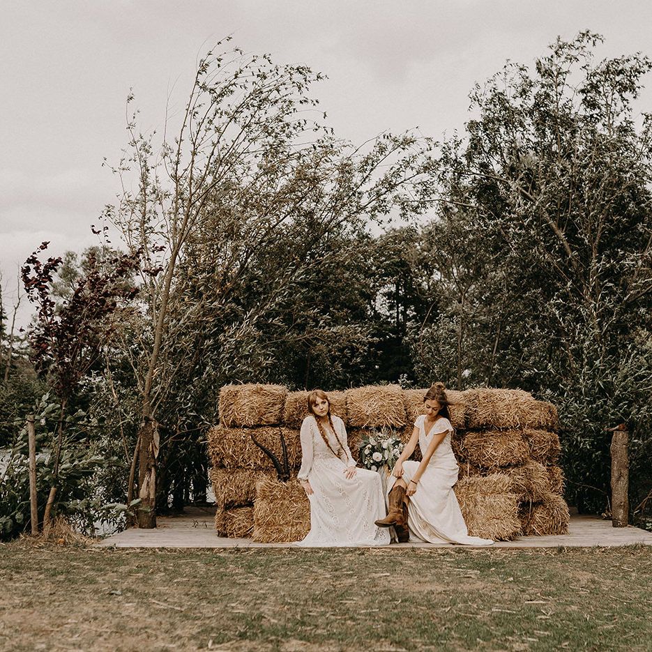 Hay Bale Seating Area | Boho Brides in Lace Dresses from Rock The Frock Bridal | Nude Bohemian Wedding Inspiration by Wonderland Invites &amp; Rock The Day Styling | Kelsie Low Photography