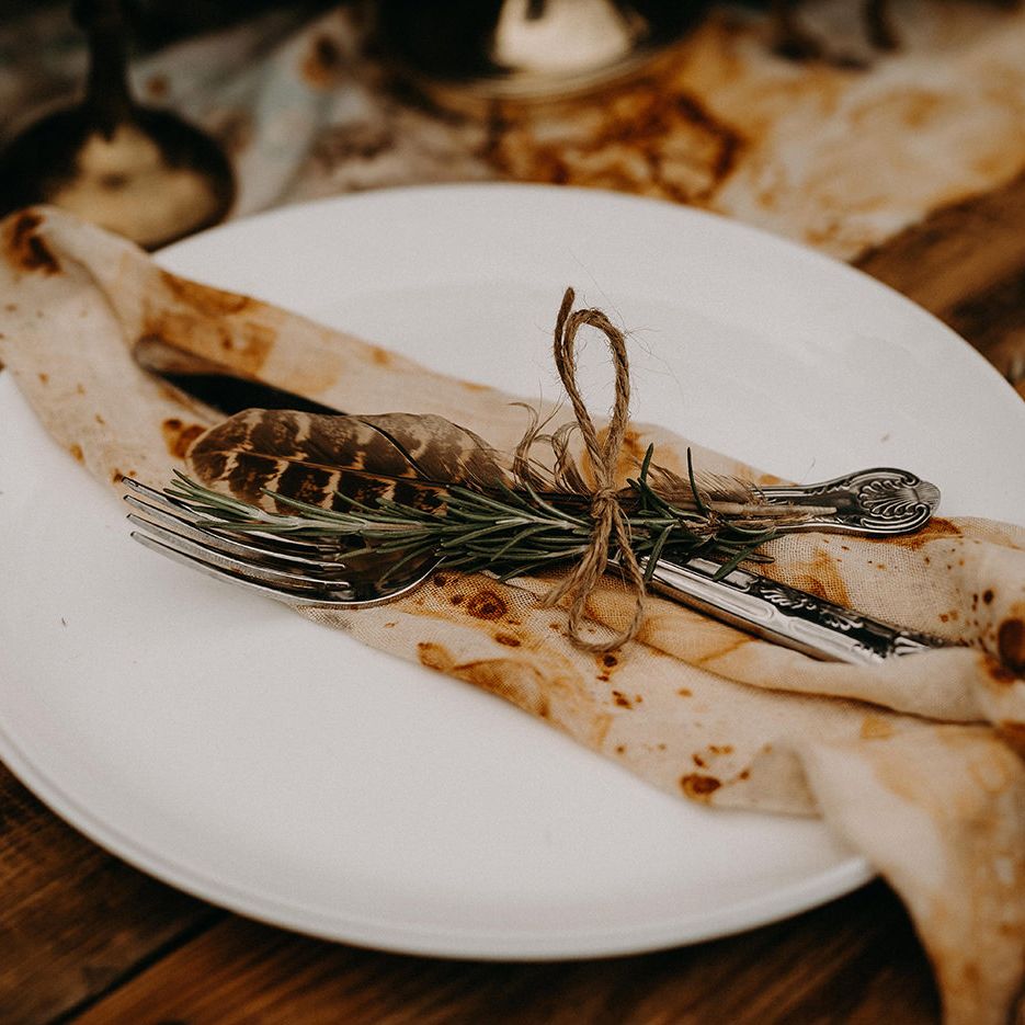 Feather Place Setting | Nude Bohemian Wedding Inspiration by Wonderland Invites &amp; Rock The Day Styling | Kelsie Low Photography