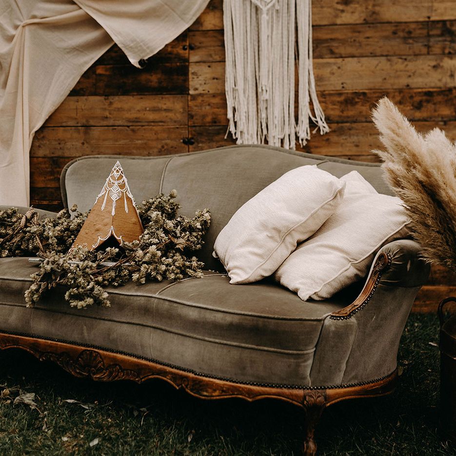 Vintage Furniture | Tipi Gingerbread Wedding Cake Nude Bohemian Wedding Inspiration by Wonderland Invites &amp; Rock The Day Styling | Kelsie Low Photography