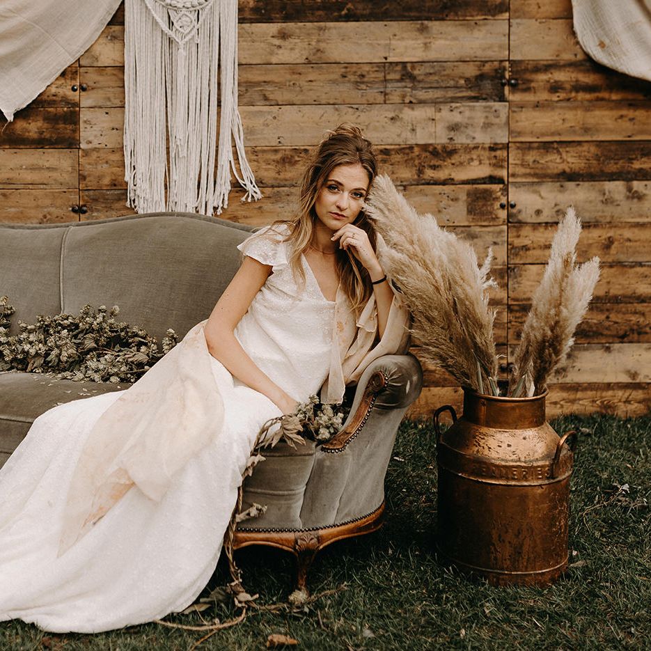 Boho Bride in Lace Rock The Frock Bridal Dress | Vintage Furniture | Nude Bohemian Wedding Inspiration by Wonderland Invites &amp; Rock The Day Styling | Kelsie Low Photography
