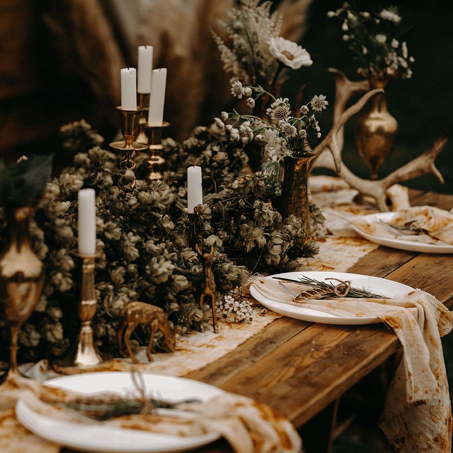 Dried Flower Table Runner &amp; Candle Stick Decor | Nude Bohemian Wedding Inspiration by Wonderland Invites &amp; Rock The Day Styling | Kelsie Low Photography
