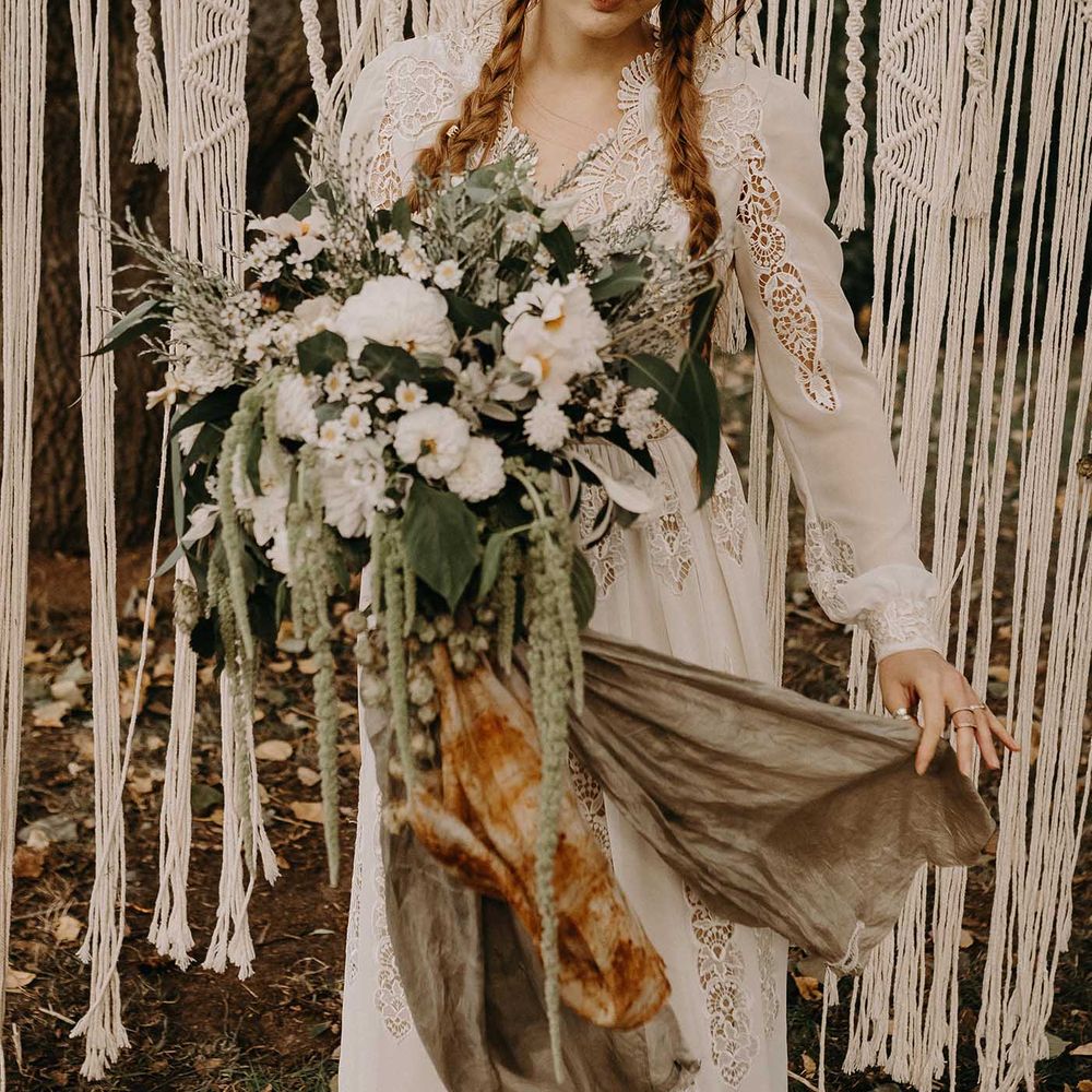 Boho Bride in Lace Rock The Frock Bridal Gown | Macrame Wall Hanging &amp; Dried Flowers | Nude Bohemian Wedding Inspiration by Wonderland Invites &amp; Rock The Day Styling | Kelsie Low Photography