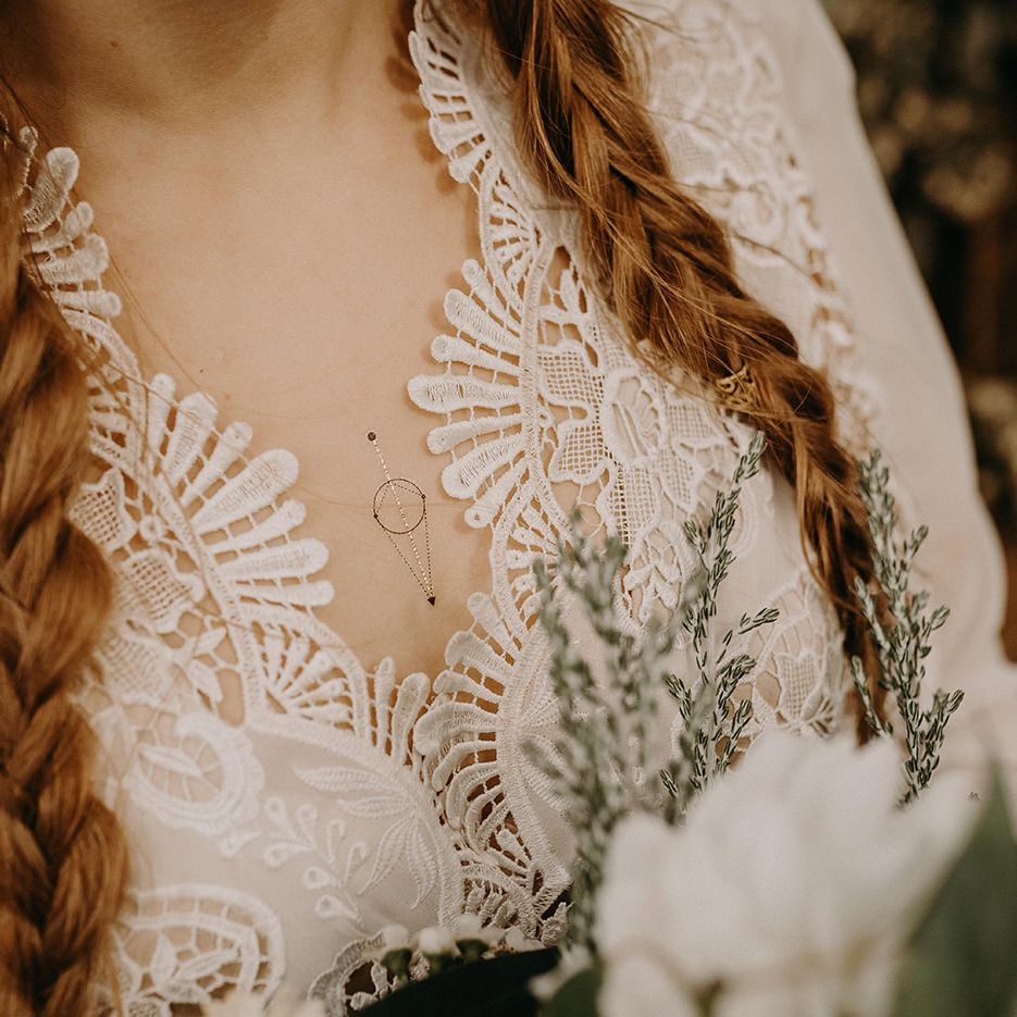 Lace Wedding Dress | Bridal Braid | Macrame Wall Hanging &amp; Dried Flowers | Nude Bohemian Wedding Inspiration by Wonderland Invites &amp; Rock The Day Styling | Kelsie Low Photography