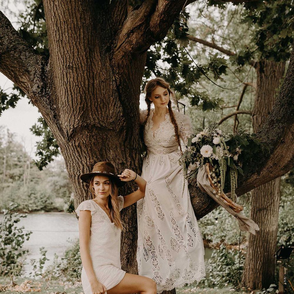 Boho Brides in Hat, Succulent Flower Crown &amp; Lace Rock The Frock Bridal Gown | Macrame Wall Hanging &amp; Dried Flowers | Nude Bohemian Wedding Inspiration by Wonderland Invites &amp; Rock The Day Styling | Kelsie Low Photography