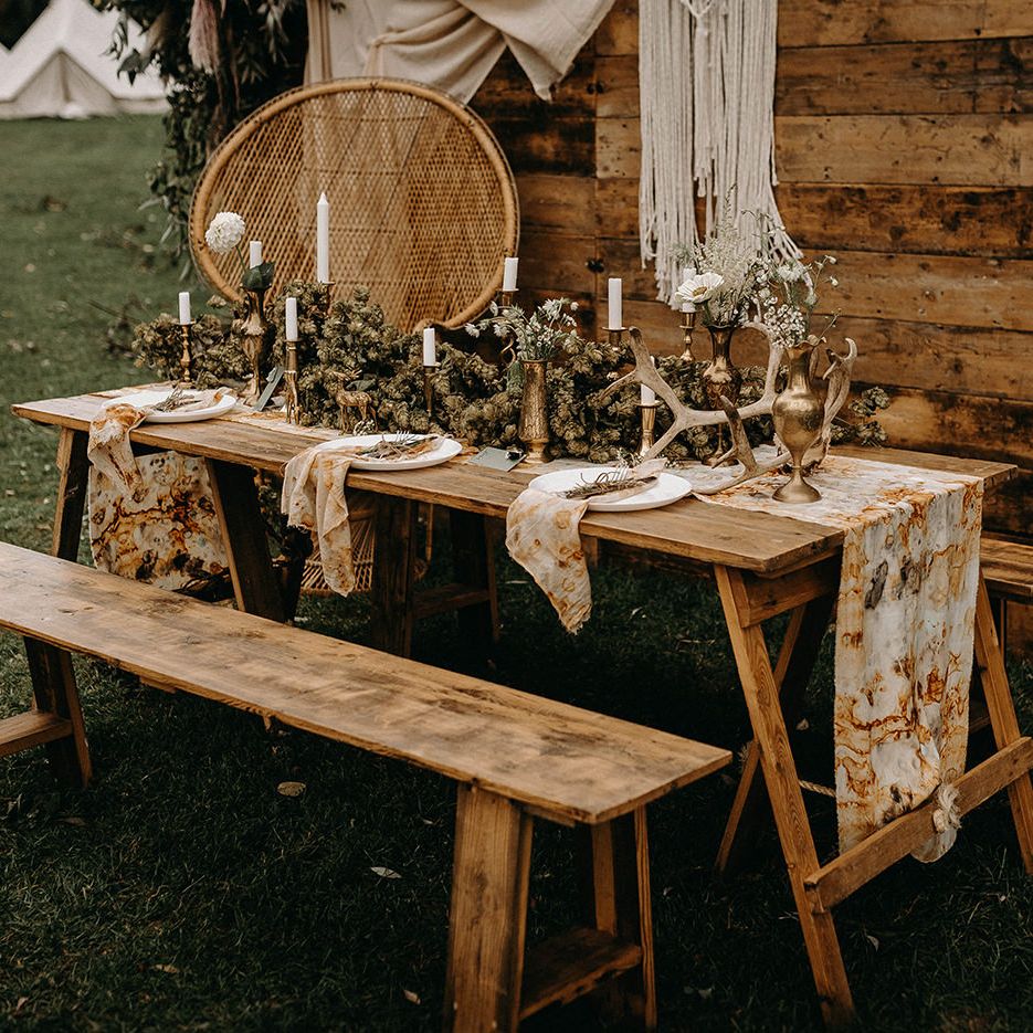 Drapes, Dried Flowers &amp; Macrame Decor | Wooden Table with Candle Sticks &amp; Greenery Garland | Nude Bohemian Wedding Inspiration by Wonderland Invites &amp; Rock The Day Styling | Kelsie Low Photography