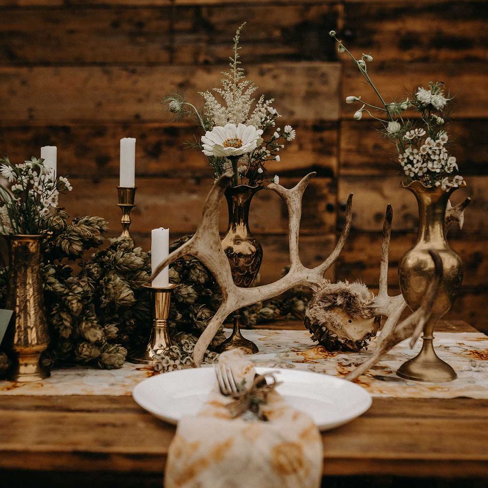 Drapes, Dried Flowers &amp; Macrame Decor | Wooden Table with Candle Sticks &amp; Greenery Garland | Nude Bohemian Wedding Inspiration by Wonderland Invites &amp; Rock The Day Styling | Kelsie Low Photography
